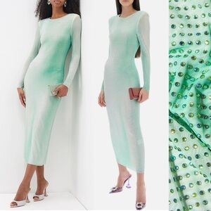 Self Portrait contour midi dress green rhinestone shimmer ombré stretch mesh 6